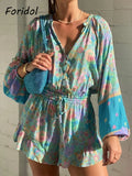 Long Sleeve Spring Summer Short Jumpsuit Women Printed Bohemian Wide Leg Playsuit Female Romper Ruffles Rayon Boho Overalls 2025