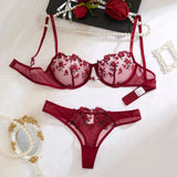 French vintage wine-red rose embroidery lingerie set - net sheer bra + T-shirt - sexy sensual women's lingerie ZA824026