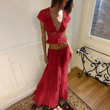 FDYOUI Sexy V-neck Lace Patchwork T-shirt Tops+Long Skirt 2 Piece Set Women's Summer Green Holiday Party Dress Suit Streetwear
