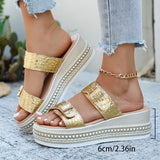 Fashion Buckle Wedge Platform Sandals Women Summer Plus Size 43 Chunky Heel Sandals Woman Heighten Thick Sole Gold Sandles Mujer