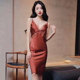 Sexy Silk Nightgowns Lace Satin Nightdress New Summer Women Home Strap Sleepwear Lingerie Long Sleeping Dress