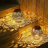 Solar LED Lantern Outdoor Iron Art Hanging Light Carved Hollow Design Waterproof Landscape Projection Lamp for Yard Garden Decor