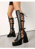 Plus Size Women Black Patent Matte Leather Lace Up Knee High Boots Peep Toe Platform Block Heel Back Zip Gothic Y2K Party Heels