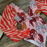 One Piece Swimsuit Sexy Long Sleeve Tropical Print Swimwear Women Bandage Monokini Hollow Out Bathing Suit String Beachwear 2023