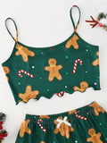Soft Festival Christmas Cute Gingerbread Print Pajama Set Women's Sleepwear 2 Pieces Crop Tops and Shorts Loungewear