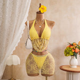 Sexy Black Mesh Shorts 3 Piece Bikinis Sets  2026 Women Pearls Push Up Tassel Bra Swimsuit Beach Holiday Bathing Suit Swimwear