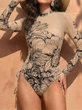 S - XXL Two-pieces Bikini set Bather Bathing Suit Swim Long Sleeve Flower Printed Bikini Female Swimsuit Women Swimwear K8062
