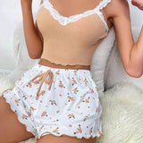 Pink Lace Patchwork V-Neck Pajama Set for Women Sleepwear Sexy Nighties Cami Top Printed Shorts Soft Pyjamas Loungewear