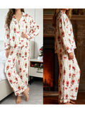 Women’s 2025 Christmas Pajamas Set Long Sleeve Oversized Button Down Shirt and Long Pants Two Pieces Loungewear