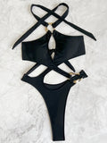Sexy Tummy Cut Out Halter Women Thong Swimwear One Piece Swimsuit Female High Cut Monokini Rings Bathing Suit Swim Beach Wear