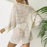 Womens Beach Cover Up Knit Solid Color Long Sleeve Dress Sexy Slim-Fit Beachwear Cover Up Beach Holiday Sun Protection Clothing