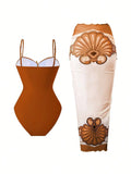 Vintage Orange Floral Print Skirt Swimwear Sets Women Starfish Hollow Out Tummy Control Bathing Suit Holiday One Piece Swimsuit