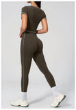 2PC Color Contrast Yoga Suit Women Short Sleeve Square Collar Slim Sports Top Fitness Suits Outdoor Exercise Leggings Tracksuit