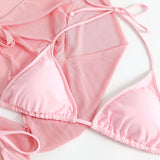 Women Pink Micro Mini String Bikini Sets 4 Pieces with Mesh Cover Tops and Skirt Swimsuit Bathing Suit Beach Outfits Biquini