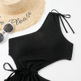 One Shoulder Women's Swimsuit One Piece Cut Out Sexy Swimwear Women 2022 Textured Monokini Solid Bathing Suit Beach Wear Purple