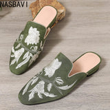 NASBAVI Fashion 3d Embroidery Mules Women Fur Slippers Velvet Shoes Ladies Low Heel Flower Decoration Sandals Women's Flip Flops