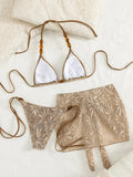 with Fishnet Sarong Skirt Halter Beads Bikini Women Swimwear Female Swimsuit Three-pieces Bikini Set Bathing Suit Swim Beachwear