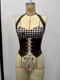 Summer Red White Plaid Corset Women Hanging Neck Bandage Cross Slim Fishbone Tank Top Retro Sleeveless Y2K Club Party Camisole