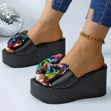 Women Colorful Sequins Platform Slippers Fashion 2025 Wedge Open Toe Black Sandal Ladies New Plus Size Thick Bottom Slides Mujer