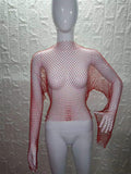 Women Rhinestone Fishnet T-shirt Solid Color Long Sleeve Crop Tops See Through Hollow Out Sexy Shirts Female Smock Tops