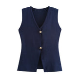 Foridol Gold Button Knitted Tank Top Women Autumn Winter Burgundy Short Vest Sleeveless V Neck Chic New Fashion Tops