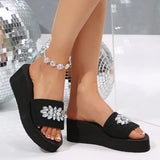 Rhinestone Decor Platform Slippers Women Summer Elastic Band Wedge Heels Sandals Woman Non Slip Lightweight Outdoor Slides 36-42
