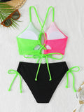 2026 Drawstring Triangle Bikini Women Sexy Color Block Swimwear Female Strappy Swimsuit Bathers Bathing Swimming Swim Suit
