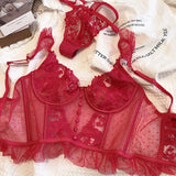 Women's French Lace Lingerie Set Sexy Ultra Thin See Through Bra & Thong Shaping Camisole Embroidery Underwear Set Hot Tushy P P