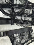 French sexy halterneck embroidered mesh see-through patchwork sexy underwear panties garter set