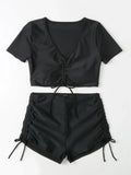 Sexy Drawstring Bikini Set 2026 Women Green Black Short Sleeve Two Piece Swimsuit Summer Bathing Suit Pleate High Waist Swimwear