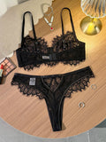 Black Lace Bra and Panty Set – Sexy Sheer Mesh Push-Up Bralette with Scalloped Edges + Thong Lingerie – Romantic Valentine’s Day