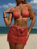 With Mesh Sarong Skirt Halter Bikini Women Swimwear Female Swimsuit Three-pieces Bikini Set Fishnet Bathing Suit Swim Beachwear