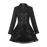 Women Double Breasted Victorian Steampunk Blazer Coat Gothic Tuxedo Tailcoat Jacket with Lace Hem Halloween Uniform Costume
