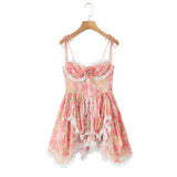 Vietnamese Blogger's Lace Trimmed Patchwork Hem Irregular Strap Dress For Women Waist-cinching Back-tie Short Dress Elegant 0M5S