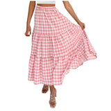 2026 Summer Vintage Checkered Maxi Skirt Women High Waisted Elastic Plaid Ruffle Long Skirts Retro Sweet Cake A  Line Skirts