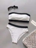 Sexy White Black Patchwork Bikini Set 2026 Women Bandeau Push Up Bra High Waist Swimsuit Beach Bathing Suit Holiday Swimwear