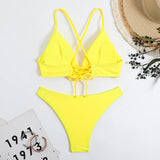 2026 V Neck Two Piece Solid Bikini Back String Women Swimwear Female Swimsuit Bathers Bathing Swimming Suit Beachwear Summer