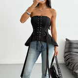 Sexy Strapless Waist Cinching Vest Women Black Ouble Metal Buckle Unique Woven Slimming Shaping Fishbone Ruffles Tank Tops