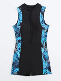 Vintage Blue Leaves Print Spliced One Piece Swimsuit Surfing Suit for Women Zipper Conservative Sports Bathing Suit Swimwear