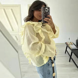 Women's Layered Bell Sleeve Blouse Yellow Ruffled Sheer Blouse V Neck Tie Front Long Sleeve Casual Top With Puffed Sleeves BLZW