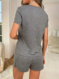 Women Pajama Set Gray Short Sleeve Top and Shorts with White Letter Print “LET ME SLEEP” Cute Casual Loungewear Sleepwear