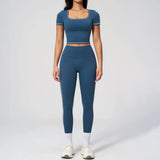 2PC Color Contrast Yoga Suit Women Short Sleeve Square Collar Slim Sports Top Fitness Suits Outdoor Exercise Leggings Tracksuit