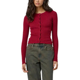 Autumn Winter Sweater Cardigan Women Solid Color Long Sleeve Round Neck Button Up Ribbed Knitwear Slim Coat