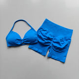 2PCS Backless Sports Bra High-Waisted Yoga Shorts Set Sexy Neck Hanging Design Abdomen Hip Lifting Fitness Outfit