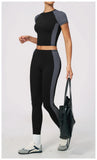 Nake Yoga Set Women's Tracksuit Color Contrast Short Sleeve Slim Sports T Shirts High Waist Leggings Fitness Clothes Gym Outfits