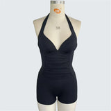 S - XXL Halter V Neck Wrinkled One Piece Swimsuit Women Swimwear Female Shorts Monokini Padded Bather Bathing Suit Swim V7535