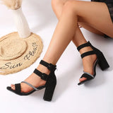 2026Women Shoes Sandals Peep Toe Block Heels Buckle Strap Flock  Summer Concise