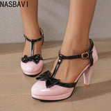 Women's Ankle T Strap 10.5cm High Heels Sandals High Heel Pumps Women Platform with Bow Party Wedding Shoes Chaussures De Femme