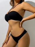 2025 Halter Bandeau Bikini Solid Swimwear Female Sexy Swimsuit Women Bathers Bathing Swimming Swim Suit Beachwear