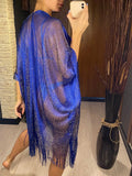 Sexy Fringe Tassel Mesh Sheer Shiny Knitted Tunic Beach Cover Up Cover-ups Beach Dress Beach Wear Beachwear Female Women V3321